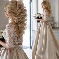 Champagne Lace Satin Long Prom Dress, Champagne Evening Dresses - Thumbnail 1