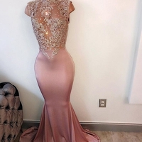 Mermaid lace long prom dress,dusty pink evening dresses - Thumbnail 1