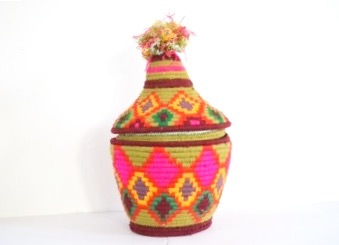 Berber Basket Handwoven Vintage Moroccan Wool Lidded Basket