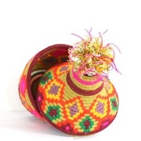 Berber Basket Handwoven Vintage Moroccan Wool Lidded Basket - Thumbnail 1