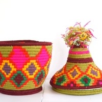 Berber Basket Handwoven Vintage Moroccan Wool Lidded Basket - Thumbnail 3