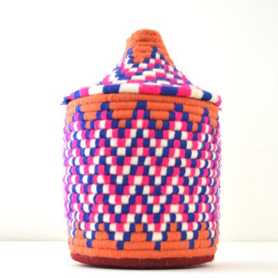 Berber basket handwoven vintage moroccan wool lidded basket