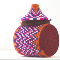 Berber Basket Handwoven Vintage Moroccan Wool Lidded Basket - Thumbnail 3