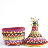  SOLD SOLD SOLD Berber Basket Handwoven Vintage Moroccan Wool Lidded Basket - Thumbnail 2