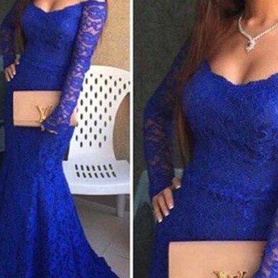 Royla blue prom dress,trumpet/mermaid off-the-shoulder floor-length tulle custom evening dress mk0542