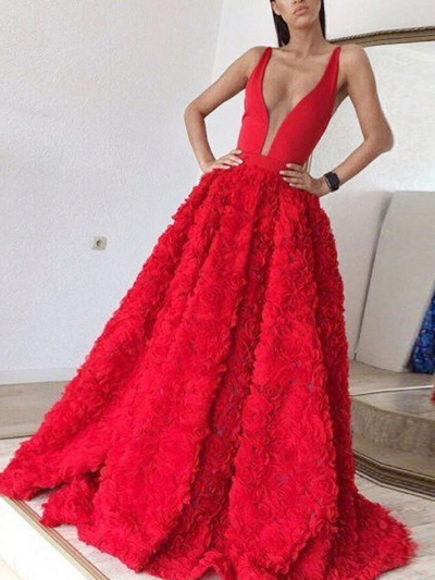 Custom Prom Dress 2017,Red A-line Straps Floor-length Tulle Evening Dress MK0575