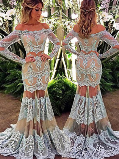 Beautiful Prom Dress，2017 Handmade Trumpet/Mermaid Off-the-shoulder Floor-length Tulle Evening Dress MK0613