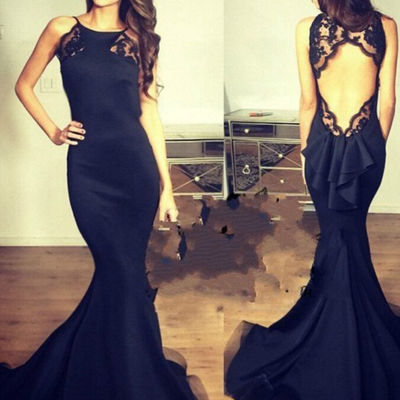 Sexy prom dress，black trumpet/mermaid scoop floor-length satin custom evening dress mk0545