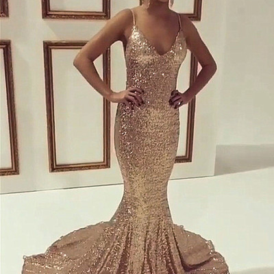 Champagne prom dresses,evening dress,party dresses,mermaid sleeveless simple sequined spaghetti-straps prom dress - Thumbnail 5