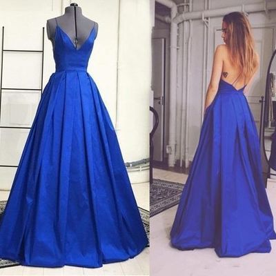 Sexy royal blue prom dress evening dress a-line v-neck open back long prom dresses evening dresses