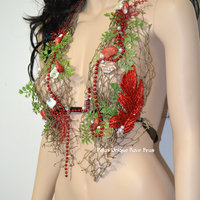 Sirens Of The Sea Red Netted Siren Mermaid Halter Top Dance Costume Rave Halloween - Thumbnail 1