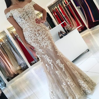 Champagne mermaid lace long prom dress,champagne evening dresses