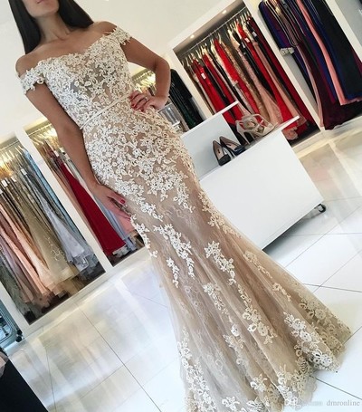 Champagne mermaid lace long prom dress,champagne evening dresses