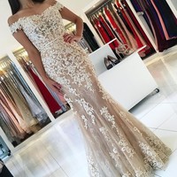 Champagne mermaid lace long prom dress,champagne evening dresses - Thumbnail 1