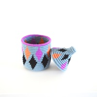  Berber Basket Handwoven Vintage Moroccan Wool Lidded Basket - Thumbnail 2