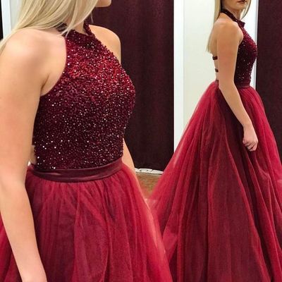 Halter burgundy prom dresses, tulle prom gowns, formal dresses, wedding party dresses