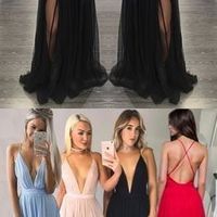 Sexy prom dresses 2017,Deep V Neckline Party prom dresses, Black Tulle Evening prom dresses,  Custom prom dresses - Thumbnail 2