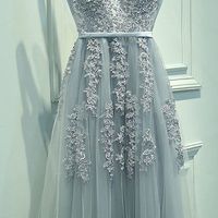 Tulle Long Prom Dresses, V Neckline Grey prom dress,Custom Cheap prom dresses, 2017 prom dresses,lace prom dress,bridesmaid dress - Thumbnail 2