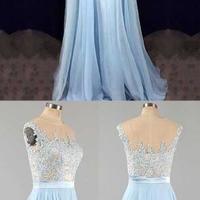 Lace Applique Light Blue Prom Dress , Chiffon Prom Dresses, Cheap A-line Prom Dresses,2017 prom dress - Thumbnail 2