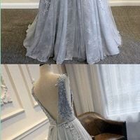 Sexy Backless Lace Prom Dresses, Long Grey Tulle Party Prom Dress, 2017 Long Prom Dress, Cheap bridesmaid Dress - Thumbnail 2