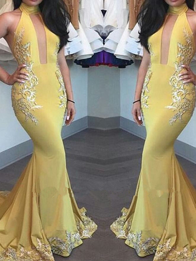 Sexy Trumpet/Mermaid High Neck Floor-length Chiffon Customized Prom Dress Evening Dress MK0992
