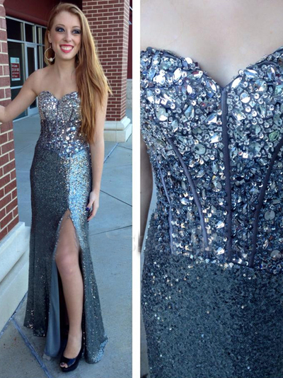 Beading Prom Dress，Sheath/Column Sweetheart Floor-length Tulle Customized Evening Dress MK0867