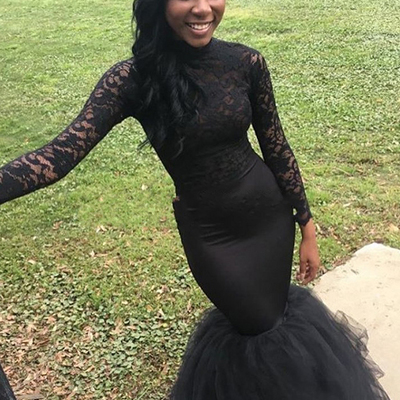 Trumpet/mermaid black prom dress high neck floor-length tulle handmade evening dress mk0594