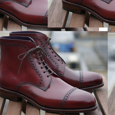 Handmade burgundy captoe boots, lace up formal boots men's 