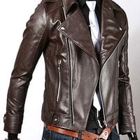 Men's Fascinating Brown Biker Leather Jacket, Fashion Slim Fit Leather Jacket - Thumbnail 1