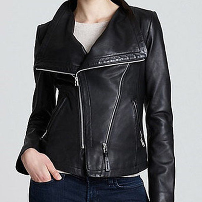Women's handmade black wide collar leather jacket asymmetrical style jacket - Thumbnail 5