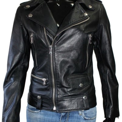 Women real lambskin leather biker jacket jet black handmad - Thumbnail 5