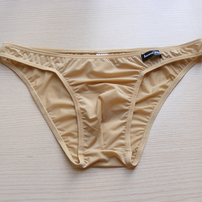 Beige men's sexy underwear gauze transparent low rise briefs underpants panties #b318