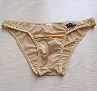Beige Men's sexy underwear gauze transparent low rise briefs underpants panties #B318