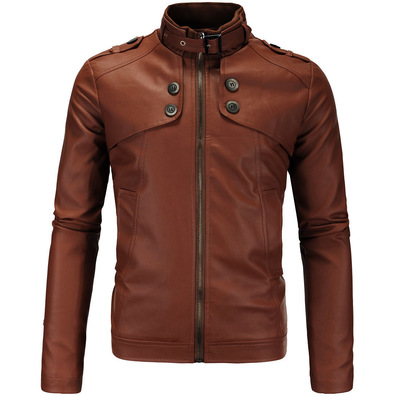 Mens zip brown original soft leather jacket coat slim fit outwear tops fashion - Thumbnail 5