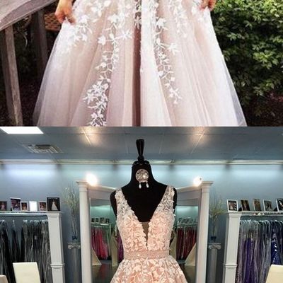 Elegant deep v-neck long prom dress with appliques lace - Thumbnail 5