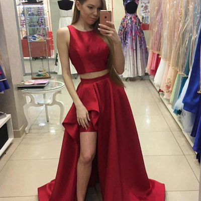 Red two pieces long long prom dress,red evening dresses