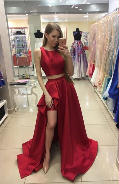 Red two pieces long long prom dress,red evening dresses