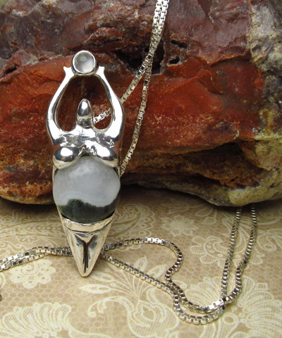 Sterling Silver Earth Goddess Pendant, Moss Agate,  MoonStone, Hand Sculpted, Earth Mother,  Goddess Jewelry  Necklace