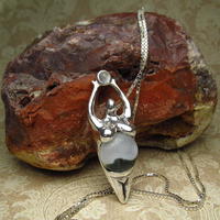 Sterling Silver Earth Goddess Pendant, Moss Agate,  MoonStone, Hand Sculpted, Earth Mother,  Goddess Jewelry  Necklace - Thumbnail 3