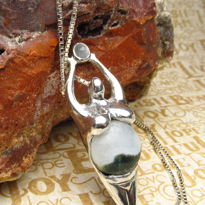 Sterling silver earth goddess pendant, moss agate,  moonstone, hand sculpted, earth mother,  goddess jewelry  necklace