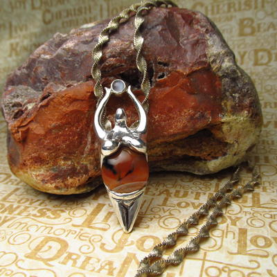 Sterling silver earth goddess pendant,agate,  moonstone, hand sculpted, earth mother,  goddess jewelry  necklace - Thumbnail 5