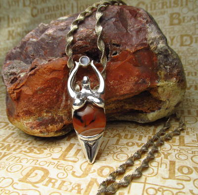 Sterling Silver Earth Goddess Pendant,Agate,  MoonStone, Hand Sculpted, Earth Mother,  Goddess Jewelry  Necklace