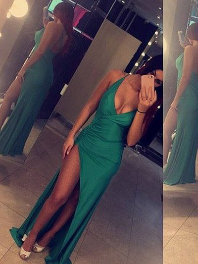 Sheath/Column Prom Dress，Spaghetti Straps Floor-length Elastic Woven Satin Custom Long Evening Dress MK0524
