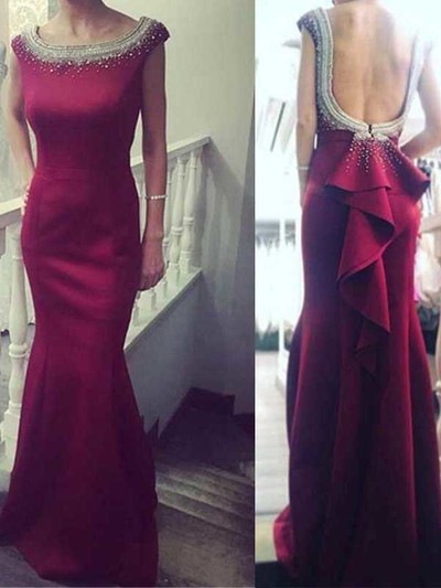 2017 Handmade Prom Dress,Trumpet/Mermaid Bateau Floor-length Satin Burgundy Prom Dress Evening Dress MK0541