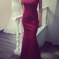 2017 Handmade Prom Dress,Trumpet/Mermaid Bateau Floor-length Satin Burgundy Prom Dress Evening Dress MK0541 - Thumbnail 1