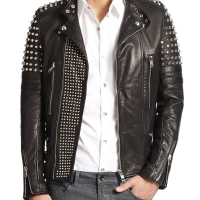 Handmade men's silver studded leather jacket made to order men's