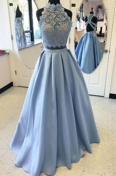 Two Pieces Lace Evening Prom dresses, Blue Organza Party Prom dresses, A line prom dresses, sexy prom dresses, 2017 prom dresses online