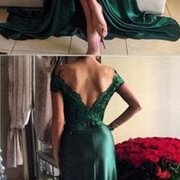 Off Shoulder Green Lace Prom Dresses, Long Slit Prom Dress, Custom Long Evening Prom Dresses, Cheap Formal Prom Dresses - Thumbnail 1