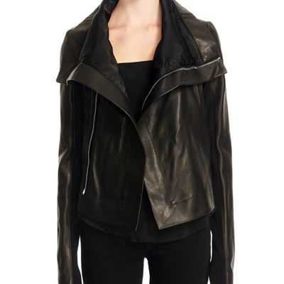 Women's wide collar black original leather biker jackets