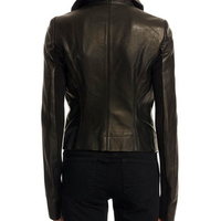 Women's Wide Collar Black Original Leather Biker Jackets - Thumbnail 2